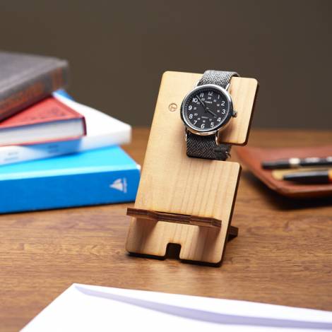 木製の時計＆スマホスタンド